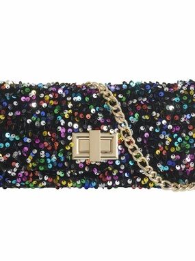 H&M Black Multicolor Sequin Baguette Chain Clutch Bag
